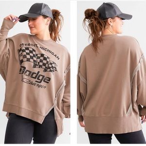 Dodge Sz M vneck brown oversized casual sporty pullover fleece sweater